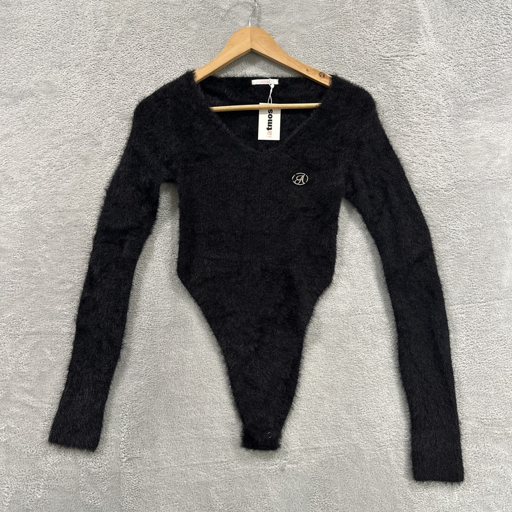 NWT Atmos Fuzzy Knit Bodysuit Women M Black Faux Fur Long Sleeve Grunge Going Ou